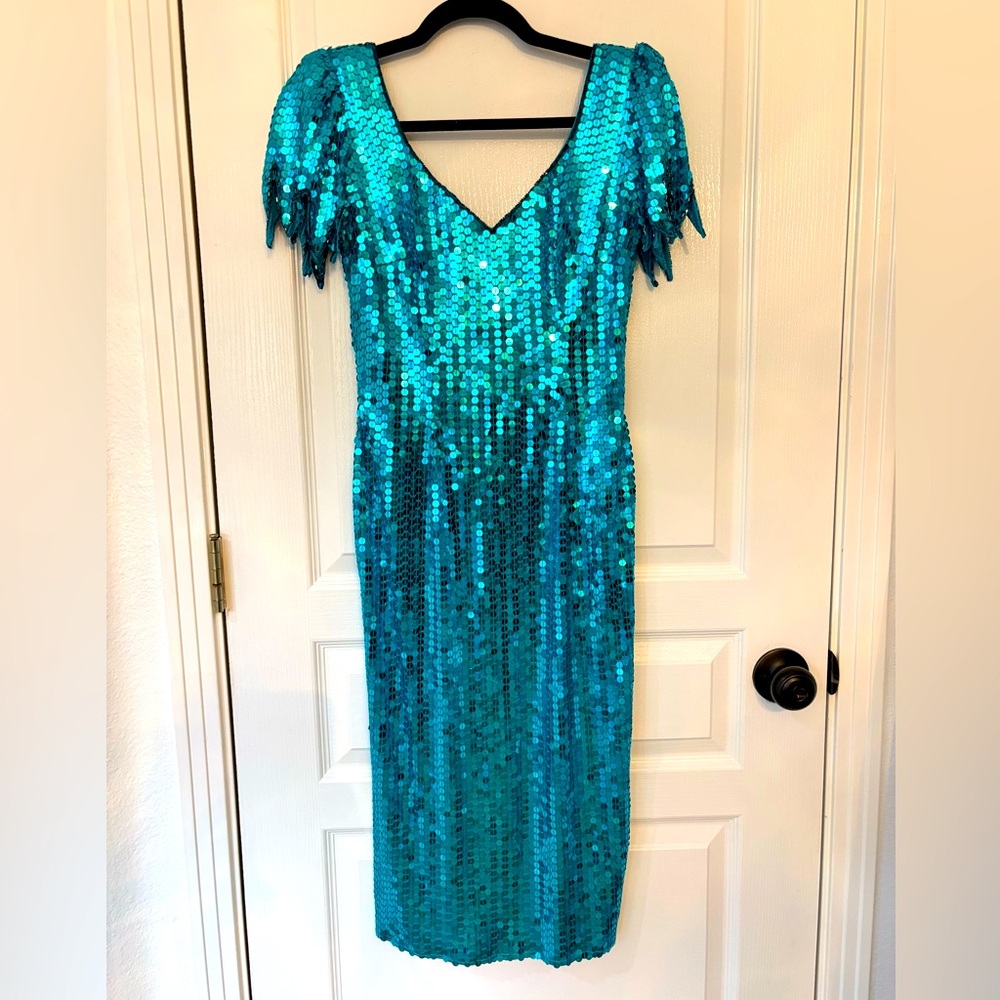 Vintage Turquoise Sequin Hand Beaded Midi Dress sz 6 👗 🌟 🩵